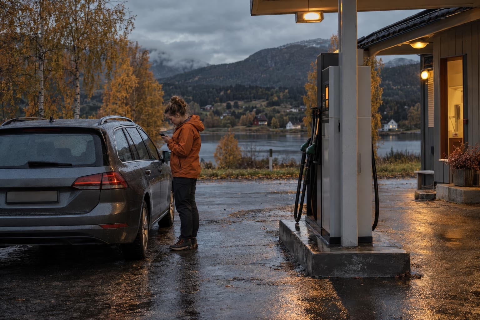 Bilist sjekker mobilen ved en liten bensinstasjon ved et fjordlandskap en regnfull høstkveld